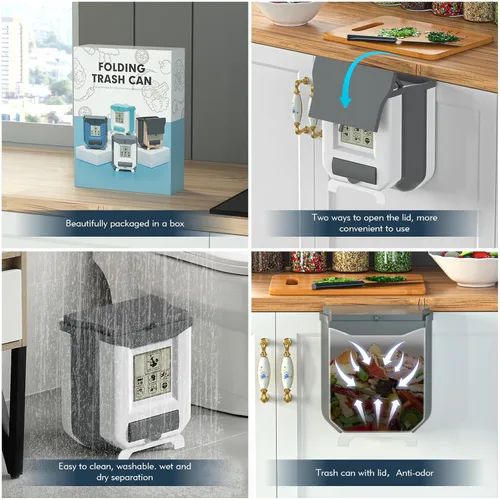 Vista 3 de HI NINGER Bote de basura pequeño con tapa, blanco grisáceo, 2.4 galones, plegable, sello de olor, cubo de compost de cocina, colgante, portátil