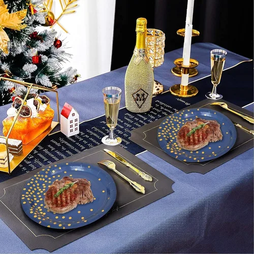 Vista 7 de 175 platos y servilletas azules para fiestas, decoraciones de fiesta azules y doradas para 25 invitados, platos de papel azul rey para decoraciones