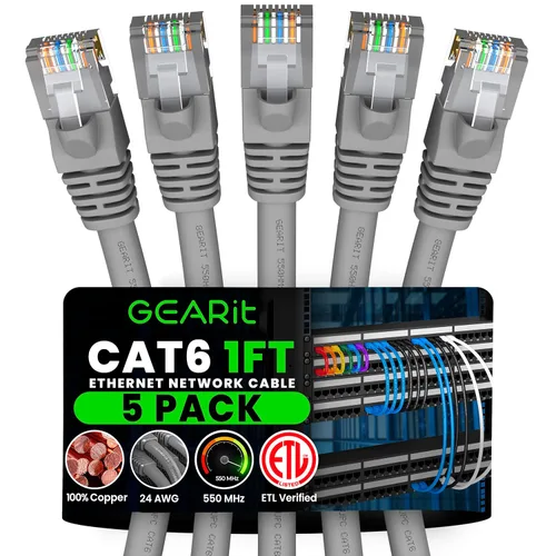 Vista 19 de GEARit Cables de conexión Cat6 de 1 pie negro (paquete de 5) Cables de conexión Cat 6 de 1 pie, cable de conexión negro/Ethernet, 10Gbps 550MHz