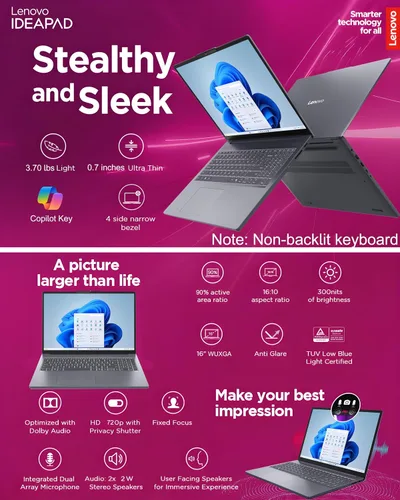 Vista 3 de Lenovo Portátil empresarial de 16", 8 GB de RAM, SSD de 256 GB, Intel 8