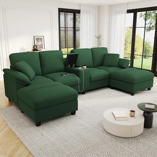 Vista 12 de Sofá seccional de gran tamaño de 142 pulgadas con 2 otomanas y consolas de almacenamiento móviles, sofá modular de felpilla en forma de U de 6