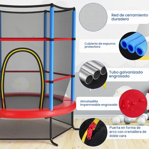 Vista 2 de Giantex - Trampolín infantil de 55”, con red de seguridad y almohadilla de resorte, marco de acero resistente con cremallera integrada Azul /Rojo
