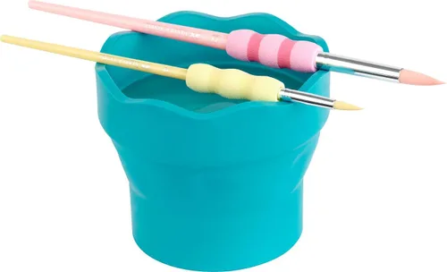 Vista 5 de Faber-Castell Clic & Go - Taza de agua de pintura portátil con soporte para cepillo, turquesa, limpiador de pinceles de pintura plegable, taza