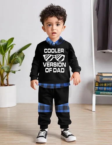 Vista 3 de Conjunto de 2 piezas de ropa para niños pequeños, camisa a cuadros con estampado de letras y pantalones largos, 2 piezas para otoño e invierno