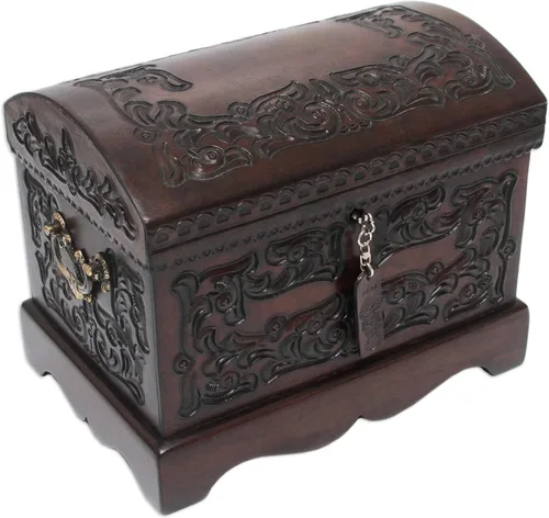 Vista 14 de NOVICA Caja de joyería de madera y cuero labrado Mohena con temática colonial, legado colonial