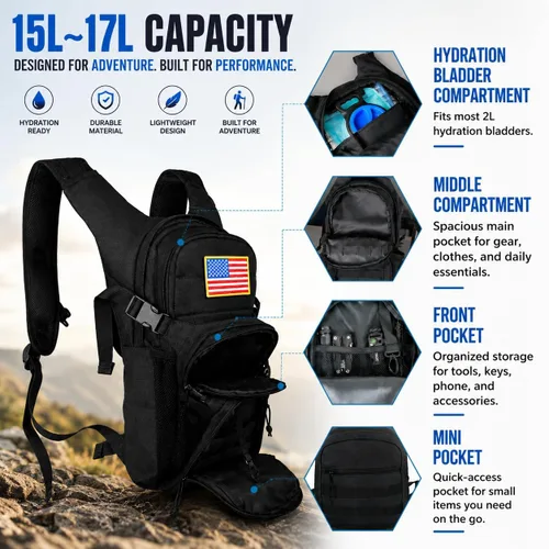 Vista 4 de Tactical Hydration Backpack 2L Water Bladder - Lightweight Durable Pack for Hiking, Running, Outdoor Adventures, Adjustable Straps & Leak-Proof
