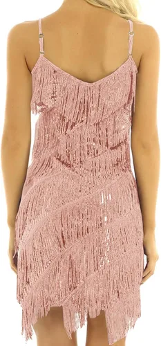 Vista 3 de Vestido sexy de fiesta con cuello en V para mujer, vestido de lentejuelas de color sólido, vestido con flecos, para ocasiones especiales