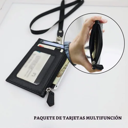 Vista 4 de Paquete de 2 portatarjetas de piel sintética con bolsillo con cremallera, cartera con cordón, tarjetero para tarjetas de identificación con 4 Negro