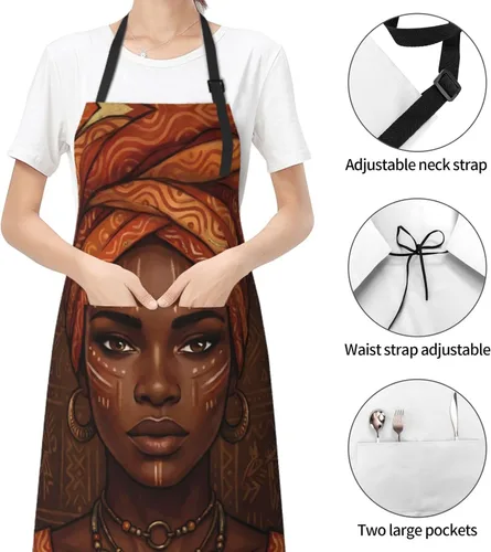 Vista 4 de Waterproof Apron For Adults Chef Bib With 2 Pockets For Kitchen Cooking Baking Garden Crafting Drawing Mujer negra afroamericana