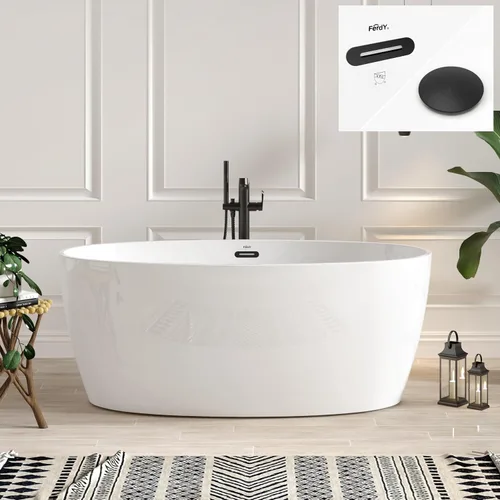 Vista 26 de FerdY Tahití - Bañera de acrílico independiente de 55 pulgadas, elegante bañera de remojo de forma ovalada, blanco brillante, drenaje dorado