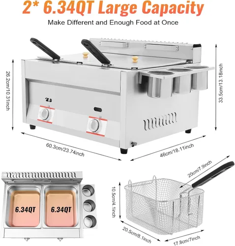 Vista 2 de Freidora comercial de doble tanque con 2 cestas y tapas, cada tanque de capacidad óptima de 6 litros/6.34 cuartos de galón, freidora eléctrica
