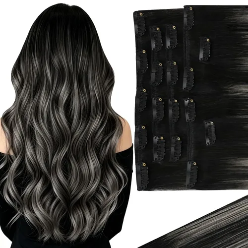 Vista 41 de Ve Sunny Extensiones de cabello clip-in de cabello humano real con reflejos, extensiones de cabello con clip para cabello corto, marrón oscuro