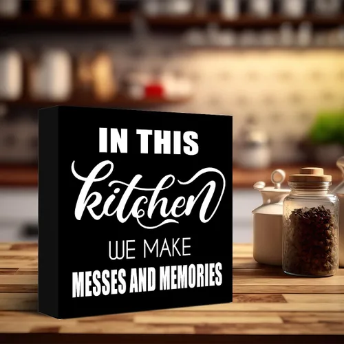 Vista 6 de LVQHI Nostalgic Kitchen - Letrero de madera con frase en inglés "In This Kitchen We Make Messes And Memories", conmovedora decoración de cocina