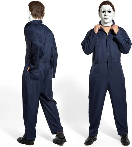 Vista 2 de Disfraz de Michael Myers para hombres adultos, overol de Michael Myers máscara con cuchillo de sangre para Halloween, cosplay, trajes de asesino