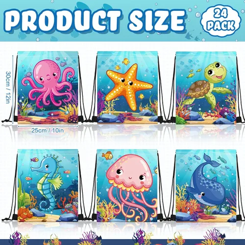 Vista 2 de Frienda 24 bolsas con cordón para recuerdos de fiesta oceánica, bolsas de dulces, mochila bajo el mar con criaturas para niños, suministros
