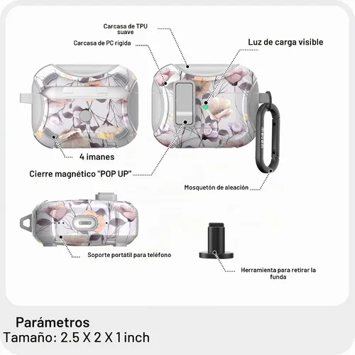 Vista 8 de wenew Funda compatible con AirPods Pro de 2ª/1ª generación con soporte para teléfono, limpiador, clip, compatible con Magsafe, funda de carga