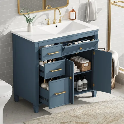 Vista 11 de Harper & Bright Designs Tocador de baño de 24 pulgadas con lavabo, tocador de lavabo individual independiente con una puerta y 3 cajones de cierre