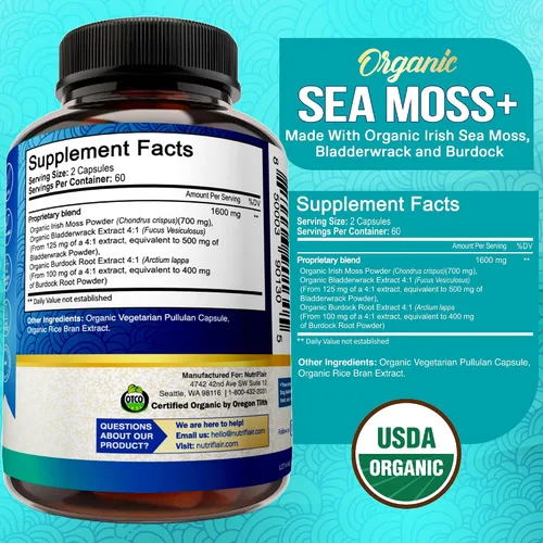 Vista 2 de NutriFlair Musgo marino orgánico de 1600 mg, 120 cápsulas más vejiga y bardana - Super alimento prebiótico - Sistema inmunológico y salud digestiva