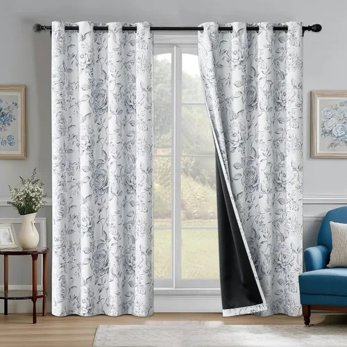 Vista 21 de Beauoop - Cortinas florales 100% blackout, de 84 pulgadas de largo, 2 paneles, para dormitorio, sala de estar, azul marino y blanco
