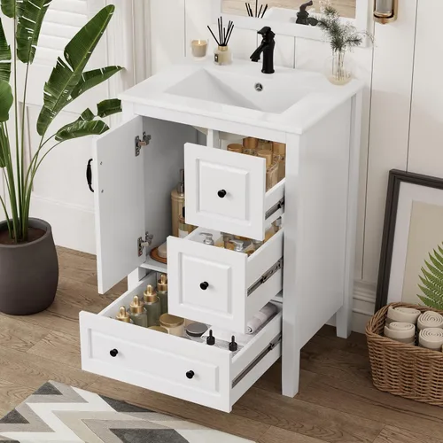 Vista 11 de Harper & Bright Designs Tocador de baño de 24 pulgadas con lavabo, tocador de lavabo individual independiente con una puerta y 3 cajones de cierre