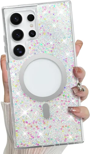 Vista 320 de Bonoma - Funda compatible con Samsung Galaxy S21 Plus, diseño de corazón con purpurina, color rosa Support for MagSafe, Plating Magnetic Case TPU