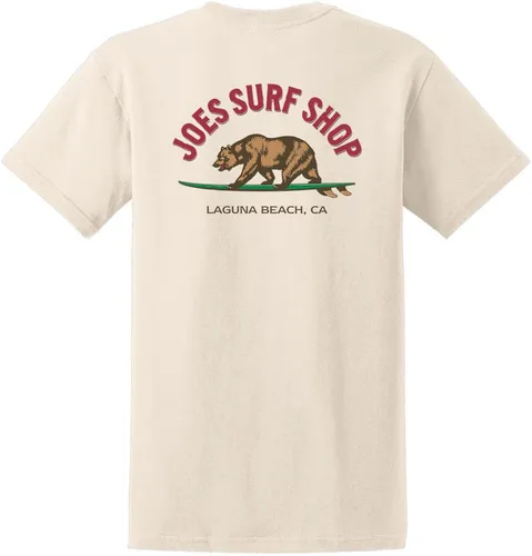Vista 5 de Joe's Surf Shop - Camisetas de algodón pesado con gráficos en tamaño regular, grande y alto Logotipo de Longboard Ash / Sand