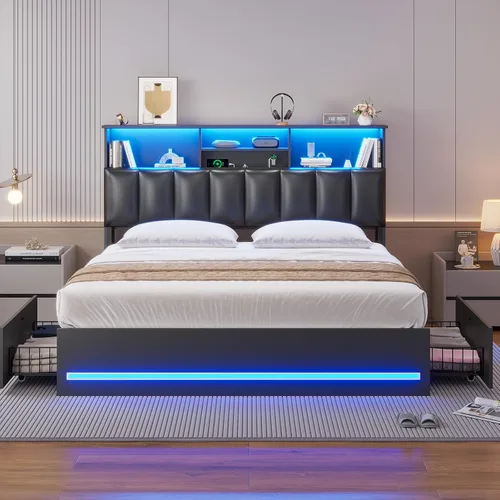 Vista 6 de AOGLLATI - Bastidor de cama tamaño completo con elegante cabecero tipo estantería y estación de carga y luces LED, bastidor de cama tamaño completo