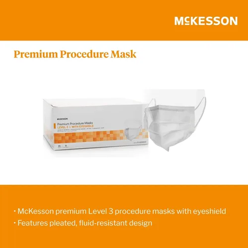 Vista 5 de McKesson Mascarillas de procedimiento premium, nivel 3 con protectores para los ojos, desechables, plisadas con cintas elásticas para las orejas,