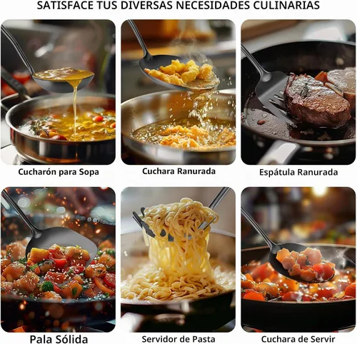 Vista 6 de Utensilios de cocina de acero inoxidable 304 con espátula, cuchara sólida, cucharón, espumadera, cuchara de espagueti, juego de 6 piezas, apto