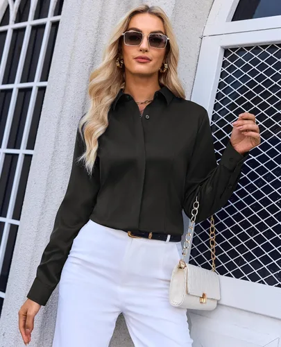 Vista 2 de siliteelon Camisas con botones para mujer: ajuste clásico, resistente a las manchas, manga larga, sin arrugas, oficina de negocios