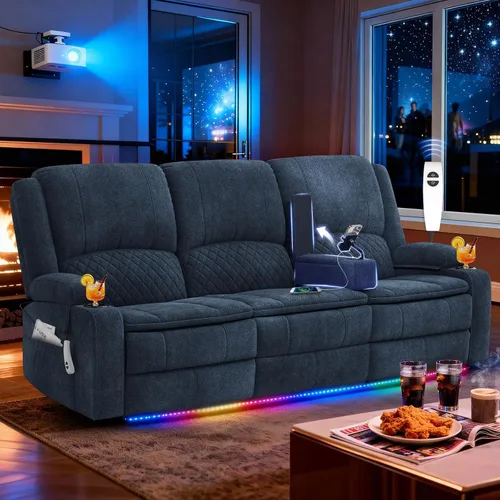 Vista 26 de Sofá reclinable de 3 plazas, sofá reclinable con consola elevable (tela, azul) Reclining Sofa with USB Removable Armrest, RV Sofa with Cup Holder