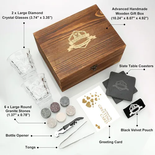 Vista 2 de Juego de regalo de piedras de whisky, juego de 2 vasos de whisky, rocas de whisky de granito, juego de caja de whisky escocés, el mejor regalo