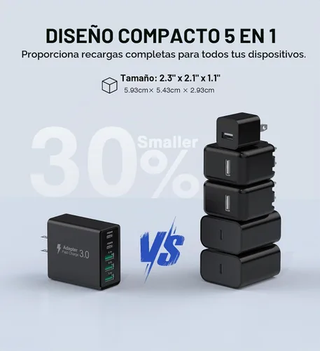 Vista 6 de [Paquete de 2] Cargador de pared USB C, bloque de cargador USB C de 60 W, bloques de carga rápida PD de 5 puertos, enchufe multipuerto 2USB C + 3USB