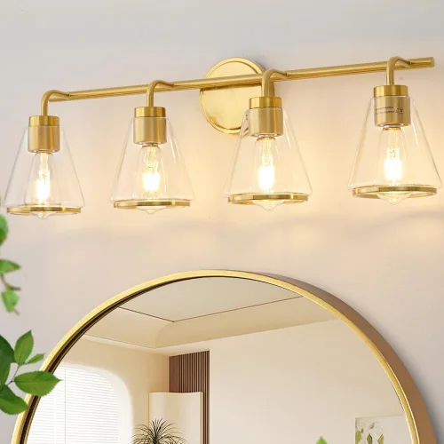 Vista 15 de Accesorios de iluminación de baño sobre espejo Luces de tocador doradas de 2 luces con pantalla de vidrio transparente de 14 pulgadas Luces