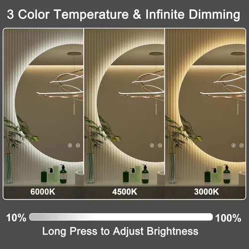 Vista 2 de Espejo LED para baño de 24 pulgadas, 3 temperaturas de color (3000K/4500K/6000K), retroiluminación regulable, antivaho, vidrio HD de 5MM, CRI 90+