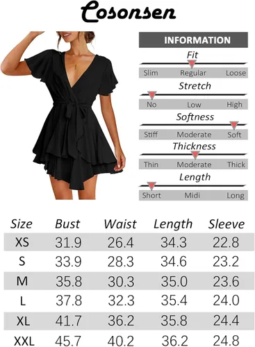 Vista 6 de Cosonsen Vestido corto de mujer con cuello en V profundo, manga larga, cintura con volados, vestido skater