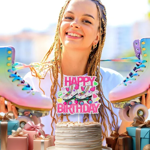 Vista 4 de Skate Happy Birthday Cake Topper Wing Roller Skate - Juego temático de cumpleaños para decoración de pasteles para niños o niñas, decoración retro