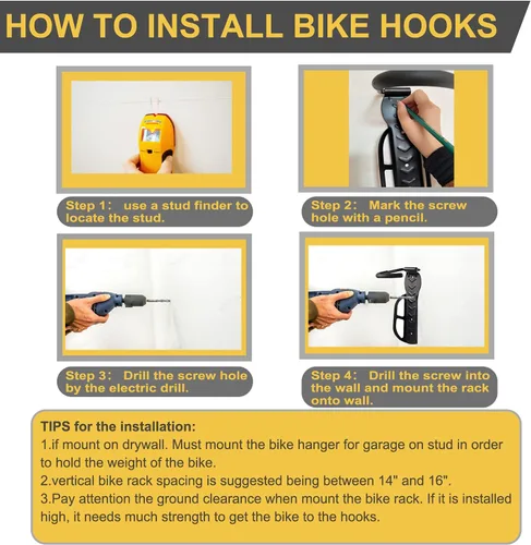 Vista 5 de Soporte de pared para garaje, 2 unidades, ganchos verticales para colgar bicicletas, para almacenamiento en interiores