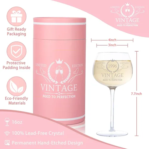 Vista 2 de Regalos de cumpleaños número 30 para mujer, copa de vino vintage 1996 grabada para ella, decoraciones de cumpleaños de 30 años regalos para mujeres