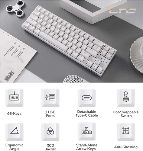 Vista 7 de LTC NB681 Nimbleback - Teclado mecánico con cable al 65%, retroiluminado RGB ultracompacto de 68 teclas para juegos con interruptor intercambiable