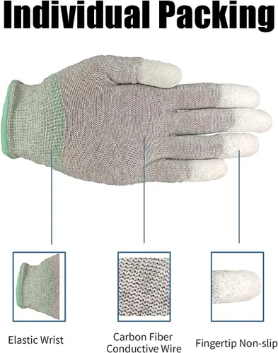 Vista 5 de Guantes de trabajo, guantes ESD, guante de fibra de carbono de alta resistencia, guante antiestático, punta de dedo antideslizante, mediano, 10 pares