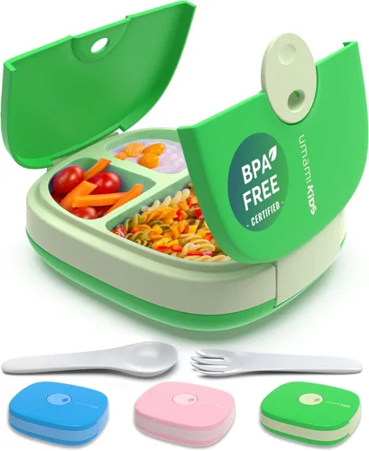 Vista 9 de Umami Lonchera Bento todo en 1 para niños, paquete de hielo y utensilios incluidos, 100% a prueba de fugas y sin BPA, lonchera favorita de los Azul