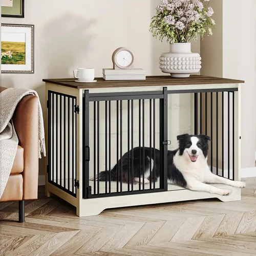 Vista 25 de Hzuaneri Mueble de jaula para perros de 27.2 pulgadas con puerta de granero, perrera resistente para interiores con 2 puertas, mesa auxiliar jaula