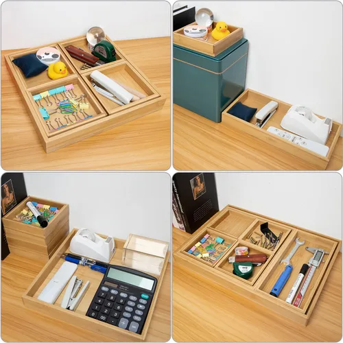 Vista 7 de Bandejas de madera para servir con asa - Juego de 7 - Grande, Mediana, Pequeña y Mini - Bandejas anidadas multiusos - para desayuno, mesa