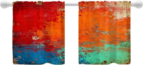 Vista 142 de Shrahala Beige and Orange Abstract Art Brushstrokes Blackout Curtain Tiers, Abstract Oil Paint Kitchen Valance Light Blocking Tier Drapes with Rod