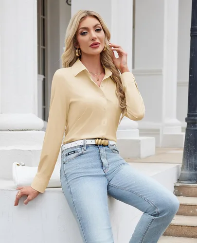 Vista 6 de siliteelon Camisa de manga larga con botones para mujer, estilo casual, para el trabajo, con elástico en 4 direcciones, sin arrugas Beige