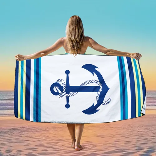 Vista 2 de Nautical Anchor - Toalla de playa extra grande, diseño de rayas blancas y azules, de secado rápido, absorbente, sin arena, suave, ligera, accesorios