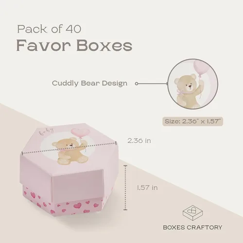 Vista 2 de Paquete de 40 cajas hexagonales pequeñas de recuerdo (2.36 x 1.57 pulgadas), ideal para cumpleaños y baby shower, rosa claro, oso de peluche