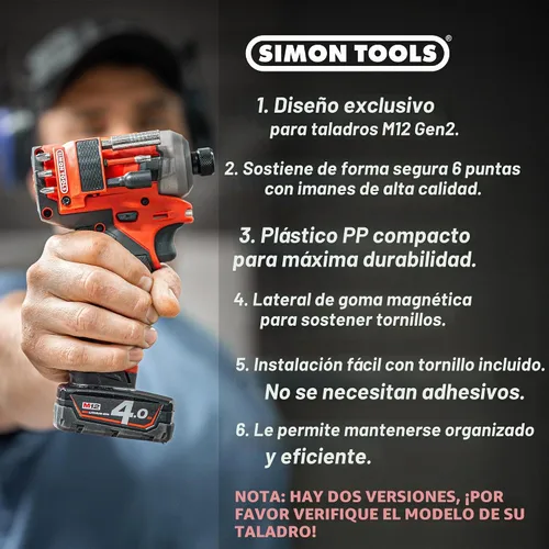 Vista 6 de Simon Tools Portabrocas Magnético para Controlador de Impacto y Taladro Milwaukee M12 - Portabrocas Milwaukee para M12 Lado derecho rojo