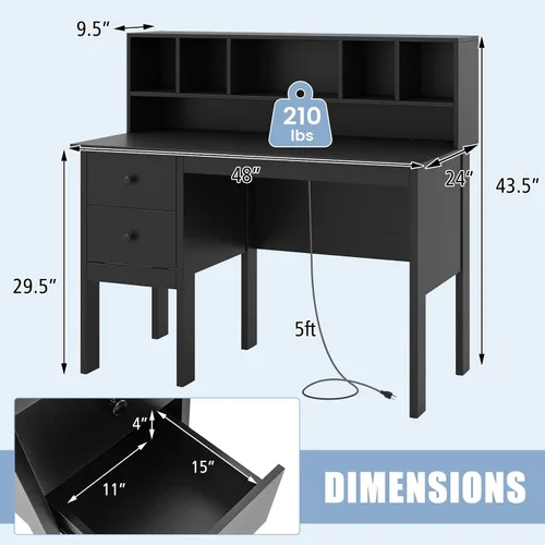 Vista 3 de COSTWAY Escritorio con puertos de carga USB y tomas de corriente, escritorio de computadora de 48 pulgadas con cajones y gabinete de 5